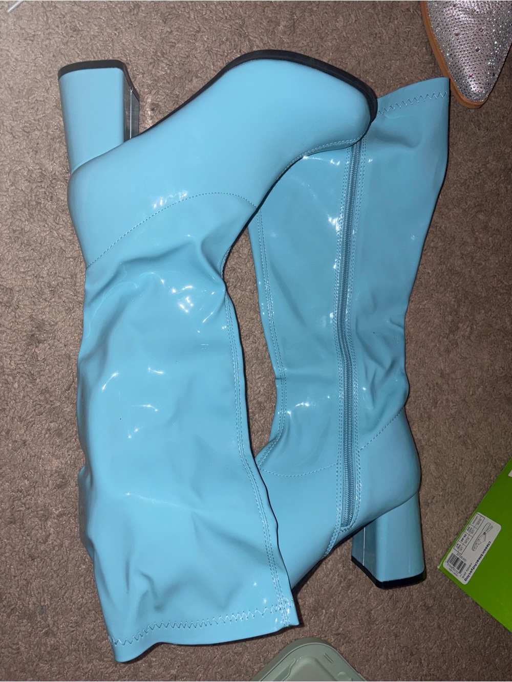 Blue Patent Knee-High Block Heel Boots